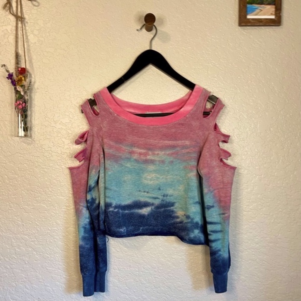 Vintage 90s/Y2K DIY Cut Shoulder Cropped Tie Dye Pullover Sweater-M/L - Picture 3 of 5